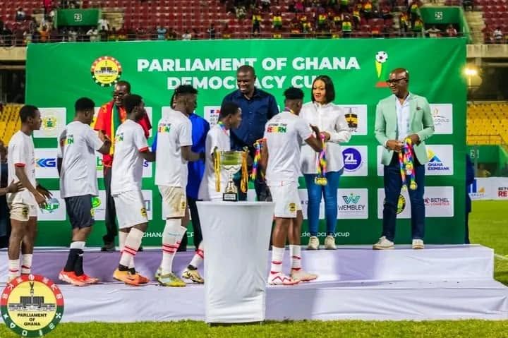Trophy presentation on the Parliament of Ghana Democracy Cup stage